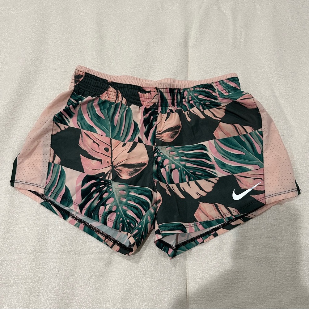 Nike Women's Leaf Print Athletic Shorts - Pink and Green